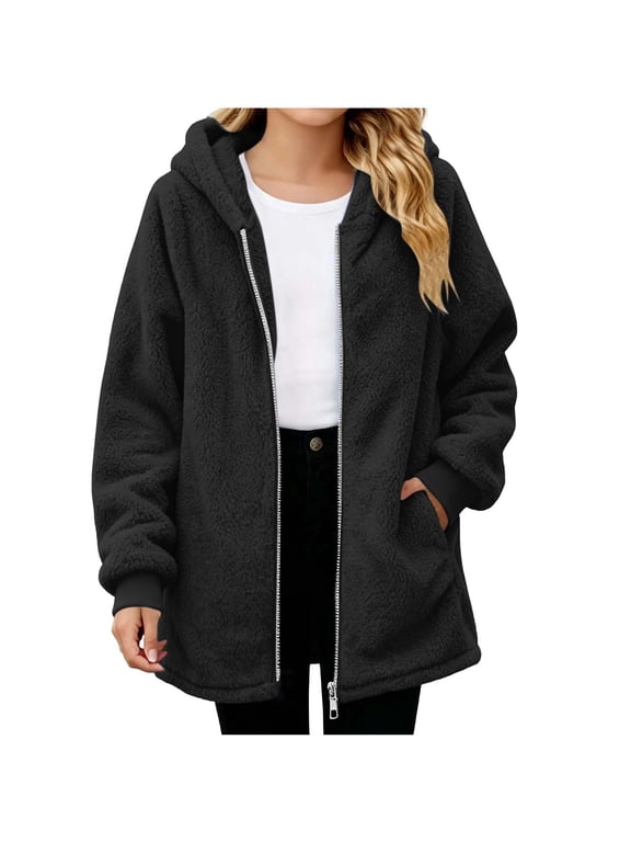 Girls Fleece Coat, Hooded Full Zip Fall Winter Mid Length Warm Casual Outerwear Reversible Soft Jacket