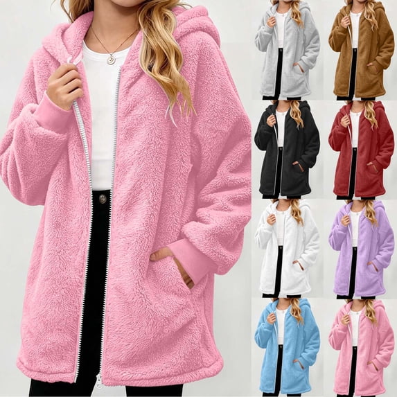 HAOTAGS Girls Fleece Coat, Hooded Full Zip Fall Winter Mid Length Warm Casual Outerwear Reversible Soft Jacket