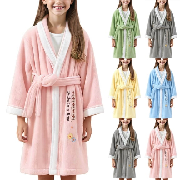 HAOTAGS Girls Fleece Robe, Kids Soft Plush Warm Printed Bathrobe Sleepwear Gifts Pink 8-10Years