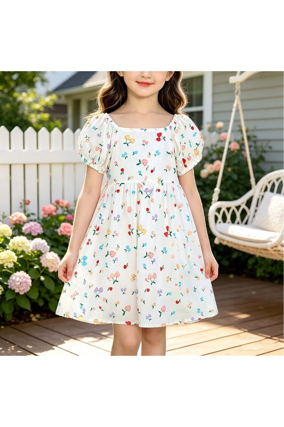 Girls Floral Dresses Ruffled Sleeve Square Neck Party Birthday Kids Summer Smock Sundress Multicolor Size 12M