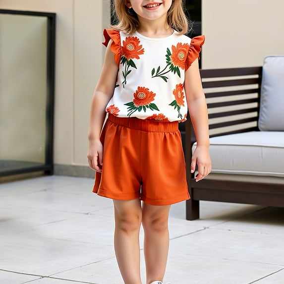 HAOTAGS Girls Floral Print Outfit Set Casual Summer Fly Sleeve Tops with Shorts Orange Size 6 Years