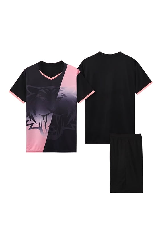 Girls Gradient Color Sport Sets, V-neck Tee with Shorts Set Casual School Training Uniform Black