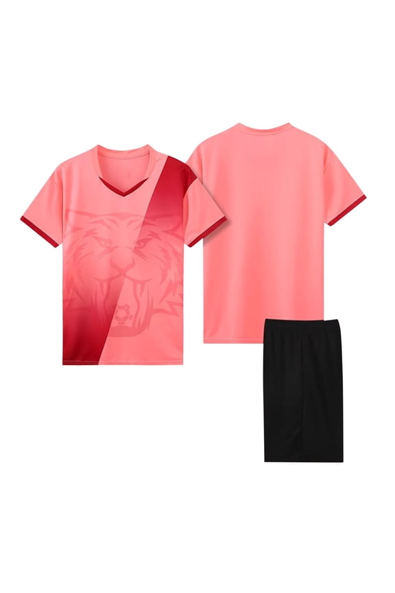 Girls Gradient Color Sport Sets, V-neck Tee with Shorts Set Casual School Training Uniform Pink