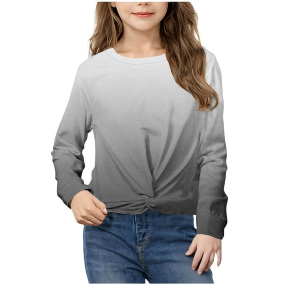HAOTAGS Girls Gradient Color Tops 2025 Fashion Round Neck Long Sleeve Shirts Black Size 5 Years