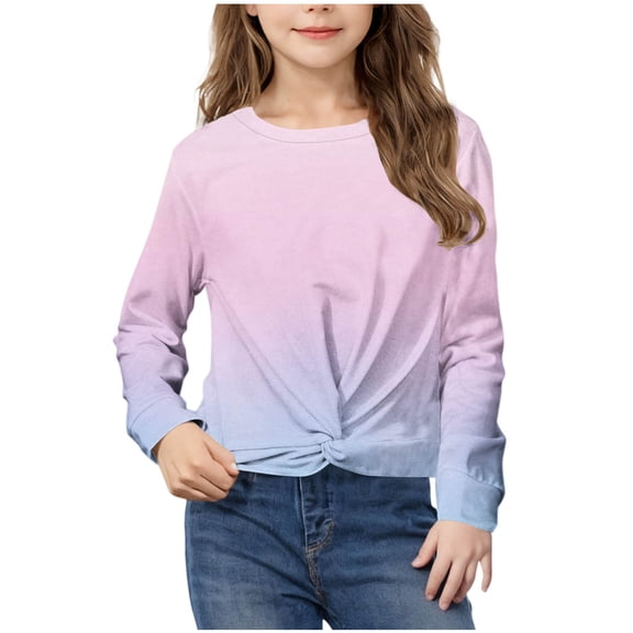 HAOTAGS Girls Gradient Color Tops 2025 Fashion Round Neck Long Sleeve Shirts Blue Size 5 Years