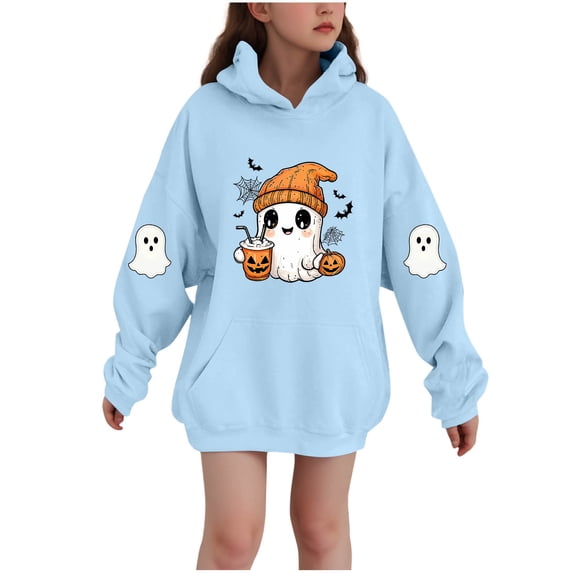 HAOTAGS Girls Halloween Ghost Print Hooded Fleece Sweatshirt with Pocket, Graphic Warm with Pocket Long Sleeve Pocket Sweater Blue Size 14