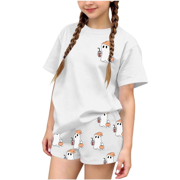 HAOTAGS Girls Halloween Outfit Sets,Print Short Sleeve Crewneck T-Shirt & Elastic Waist Shorts Set White Size 3T