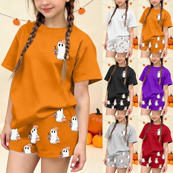 HAOTAGS Girls Halloween Outfit Sets Size 9,Print Short Sleeve Crewneck T-Shirt & Elastic Waist Shorts Set Orange