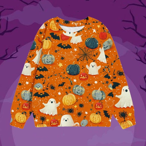 HAOTAGS Girls Halloween Sweatshirts,Crew Neck Soft Casual Festival Top Long-Sleeve Tee Orange Size 7