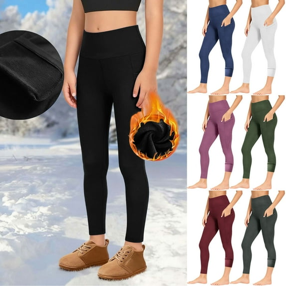 HAOTAGS Girls' High-Waist Fleece-Lined Yoga Leggings, Warm Stretch Kids Pants with Pockets Army Green 6 Years