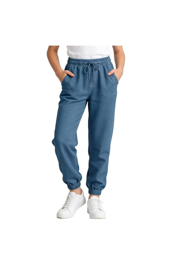 Girls High Waist Pants,Cuffed School Uniform Comfortable Causal Sweatpants Blue 9-10 T