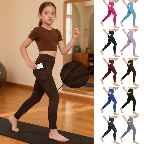 HAOTAGS Girls High-Waist Yoga Leggings with Pockets, Soft Breathable Kids Active Pants Black 6 Years