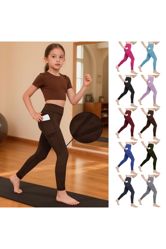 Girls High-Waist Yoga Leggings with Pockets, Soft Breathable Kids Active Pants Black 6 Years
