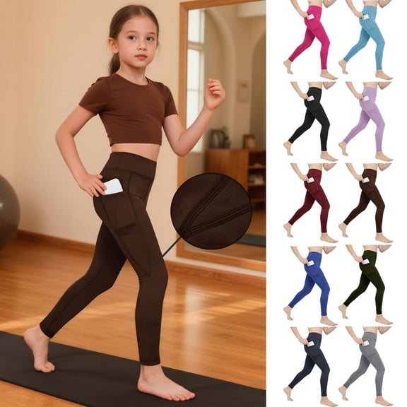 HAOTAGS Girls High-Waist Yoga Leggings with Pockets, Soft Breathable Kids Active Pants Brown 6 Years