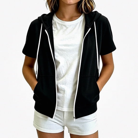 HAOTAGS Girls Hooded Sweatshirt Jacket Loose Short Sleeve Zipper Hoodie Black Size 7