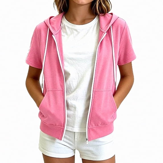 HAOTAGS Girls Hooded Sweatshirt Jacket Loose Short Sleeve Zipper Hoodie Pink Size 9