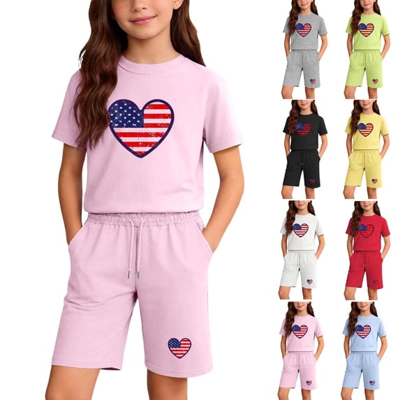 HAOTAGS Girls Independence Day Outfit Sets T-Shirt and Shorts Set Summer 4th of July Outfit Pink Size 11