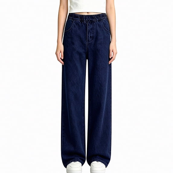 HAOTAGS Girls Jeans (2-14 Years) Adjustable Waist Pleats Pocket Casual Sporty Work 100% Denim Pants Dark Blue Size 9