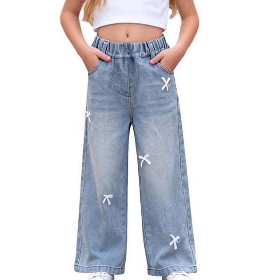 HAOTAGS Girls Jeans Fashionable Embroidered Bowknot High Waist Straight-Leg Demin Pants Blue Size 8