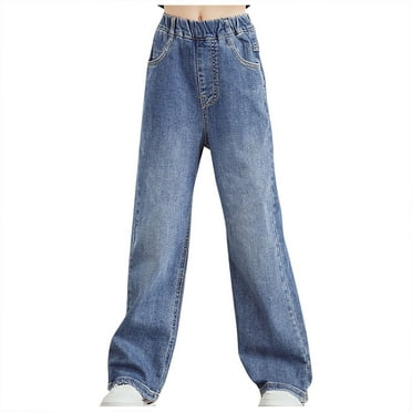 HAOTAGS Girls Jeans Pants Wide Leg Denim Pants Spring And Summer Ripped High Waist Elastic Band Casual with Pockets Blue Size 14