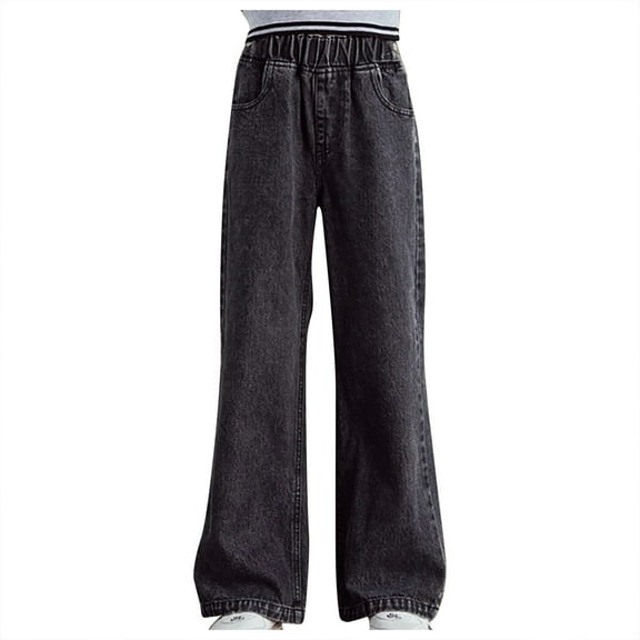 HAOTAGS Girls Jeans Pants Wide Leg Denim Pants Spring And Summer Ripped High Waist Elastic Band Casual with Pockets Blue Size 14