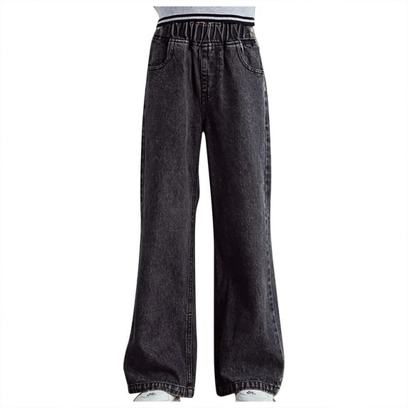 HAOTAGS Girls Jeans Pants Wide Leg Denim Pants Spring And Summer Ripped High Waist Elastic Band Casual with Pockets Blue Size 16