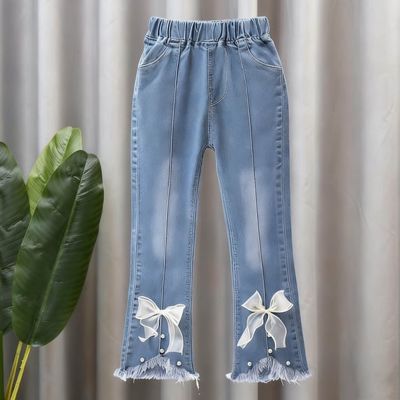 HAOTAGS Girls Jeans Size 10,Slim Flared Spring-Summer Elastic Waist Full Denim Pants Light Blue 5-6 T