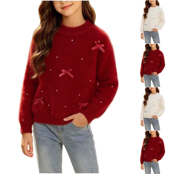 HAOTAGS Girls Knit Sweater Size 12, Pullover Top Long Sleeve Warm Cozy Casual Fall Winter Clothing for Kids Wine