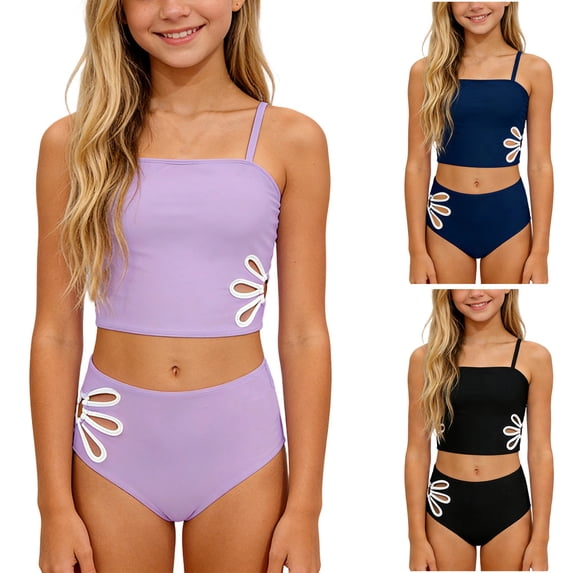 HAOTAGS Girls Lace Bikini Set,Flower Detail Swimsuit Solid Color Swimsuit Quick-dry Two-Piece Tankini Swimsuit Purple 9