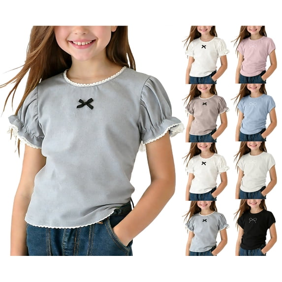 HAOTAGS Girls Lace Trim Tee (0-6), Summer Solid Round-Neck Short Sleeve Breathable Top Blue 1-2Years