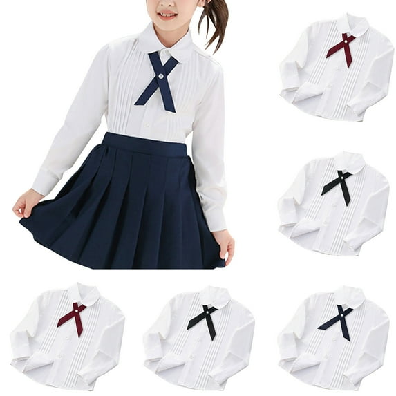 HAOTAGS Girls Lace-Up Collar Shirt, Shirt with Bow School Uniform Casual Tops Long Sleeve Top Black 6-8 Years