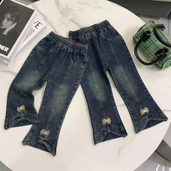 HAOTAGS Girls Leg Denim Jeans, Bowknot Decoration Straight Casual Fall Pants Loose Navy 5 T