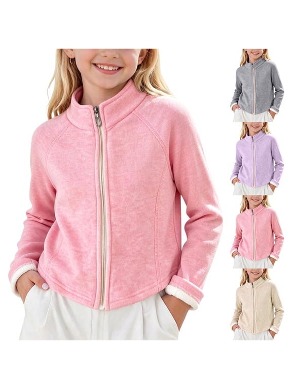Girls Long-Sleeve Stand-Collar Zip-Up Jacket Casual Lightweight Outerwear for All Seasons Pink Size 14