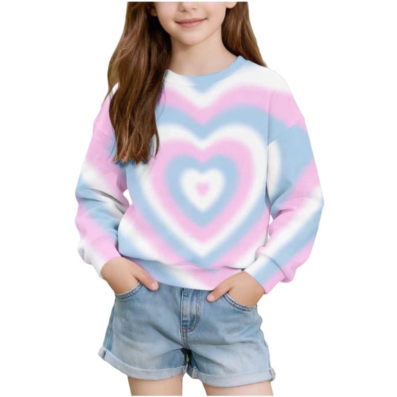 HAOTAGS Girls Long Sleeve T-Shirt,Heart Print Crew Neck Pullover Casual Cute Tee Sweatshirt Blue Size 11