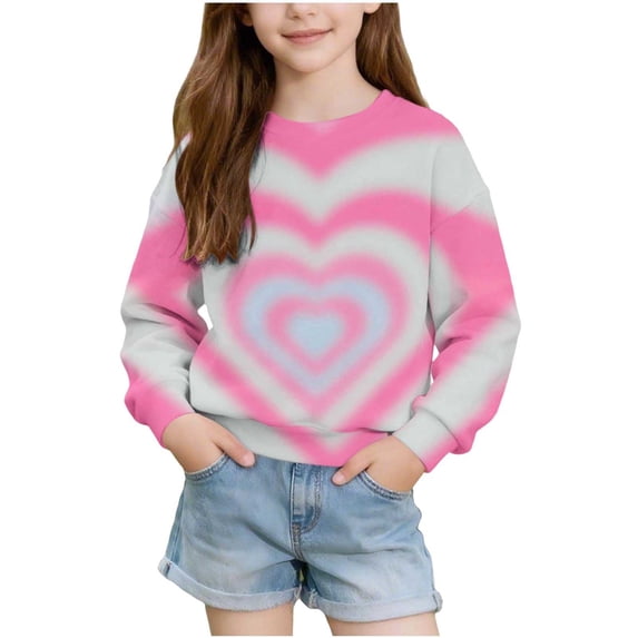 HAOTAGS Girls Long Sleeve T-Shirt,Heart Print Crew Neck Pullover Casual Cute Tee Sweatshirt Hot Pink Size 12M