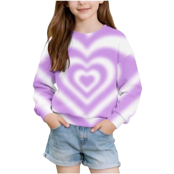HAOTAGS Girls Long Sleeve T-Shirt,Heart Print Crew Neck Pullover Casual Cute Tee Sweatshirt Purple Size 12