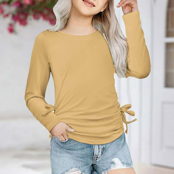 HAOTAGS Girls Long Sleeve T-shirts Solid Color Round Neck Tops with Adjustable Drawsrting Khaki Size 13 Years