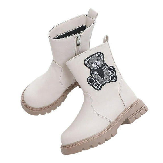 HAOTAGS Girls Martin Boots, Side-Zip Zipper Solid Color Knee-High School Boots Beige 12.5 Little Kids