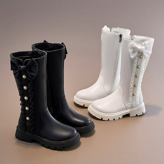 HAOTAGS Girls Martin Riding Boots, Mid-Calf Princess Boots Zipper High-Top School Winter Boots Black 12.5 Little Kids