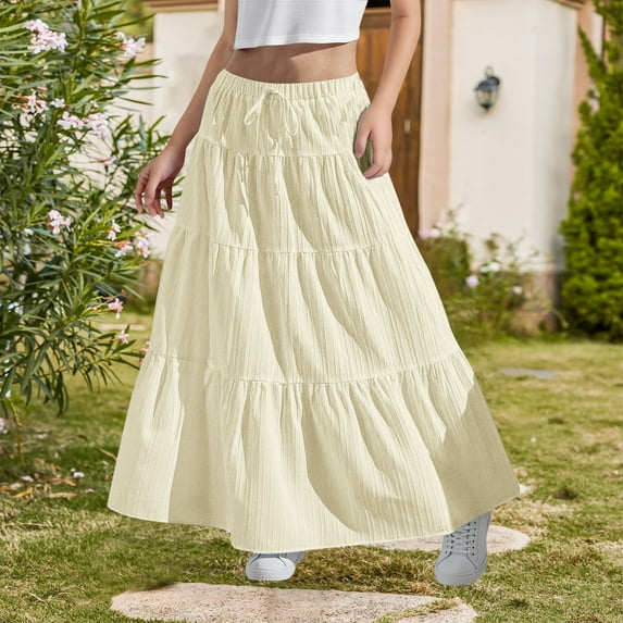 HAOTAGS Girls Maxi Skirt,Large Hem Bow Tie Solid School Uniform Ruffle Skirt Beige 6-7 Years