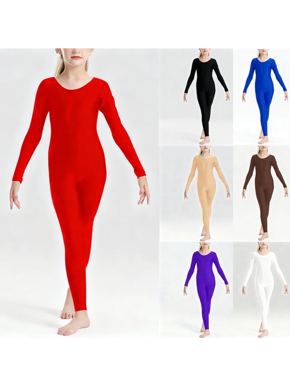 Girls'One Piece Dance Jumpsuits, Long Sleeve Gymnastics Bodysuits for Kids Red 10-12 Years