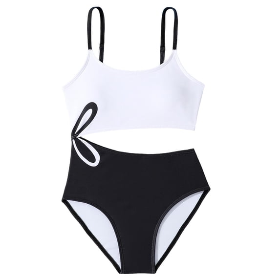 HAOTAGS Girls One-piece Swimsuits, Quick Dry Floral Hollow Out Spaghetti Strap Beach Swimwear Bathing Suits BlackSize 14