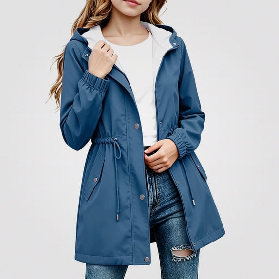HAOTAGS Girls Outdoor Jacket (5-16) Drawstring Long Sleeves Waterproof Zipper Hooded Oxford Cloth Outerwear Blue Size 7