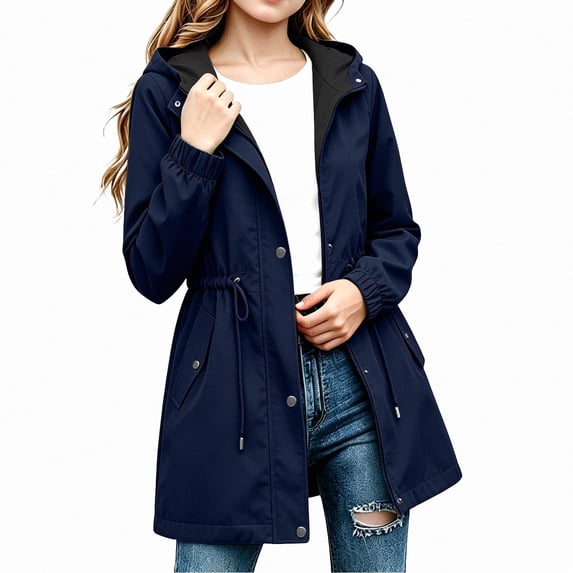 HAOTAGS Girls Outdoor Jacket (5-16) Drawstring Long Sleeves Waterproof Zipper Hooded Oxford Cloth Outerwear Navy Size 9
