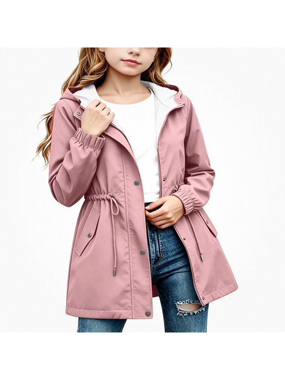 Girls Outdoor Jacket (5-16) Drawstring Long Sleeves Waterproof Zipper Hooded Oxford Cloth Outerwear Pink Size 11