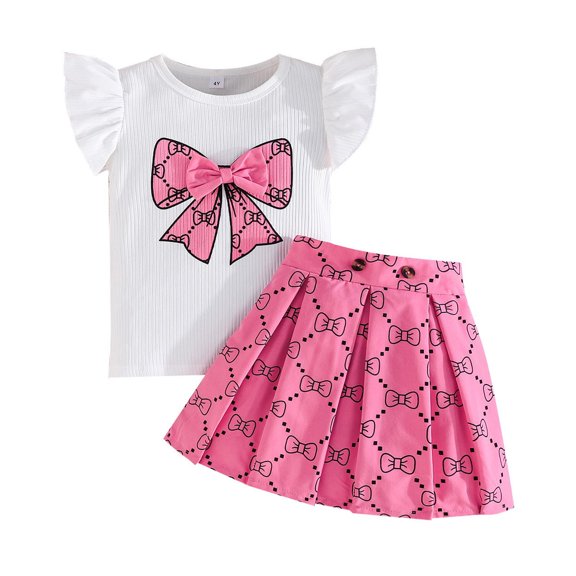HAOTAGS Girls Outfit Set,Flutter-Sleeve Tank Top and Pleated Mini Skirt Ruffle Sleeve Top Lightweight Casual Picnic Party Clothes 2-Piece Pink 5-6T