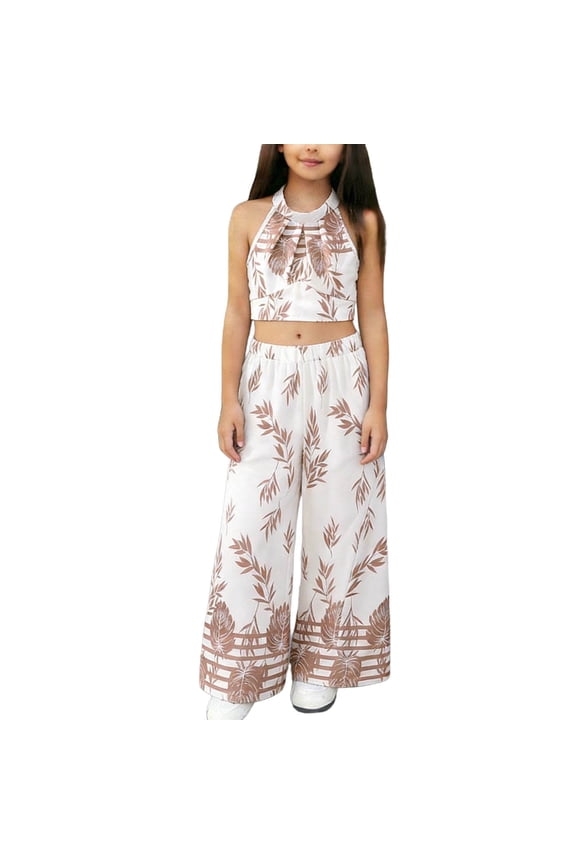 Girls Outfit Sets Retro,Wide Leg Trousers Sleeveless Round-Neck Floral Tank Summer 2-Piece Clothes Beige 10-11T