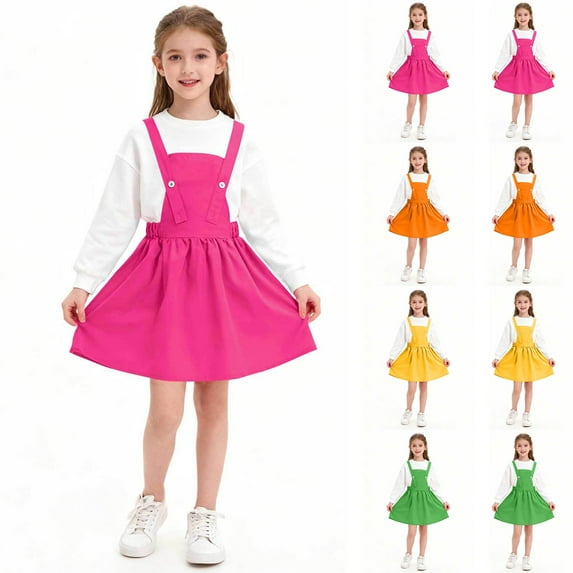 HAOTAGS Girls Overall Dress(2-15), Spring Summer Casual School Strap Suspender Dress Hot Pink 3 Years