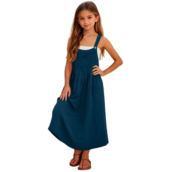 HAOTAGS Girls Oversized Bib Dress,Relaxed Adjustable Patch Pockets Sleeveless Cross-Back Straps Dress Navy 9-10