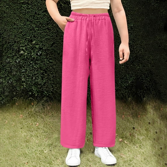 HAOTAGS Girls Palazzo Pants, Adjustable Waist with Pocketed Solid Causal Pants Hot Pink 14-15 Years